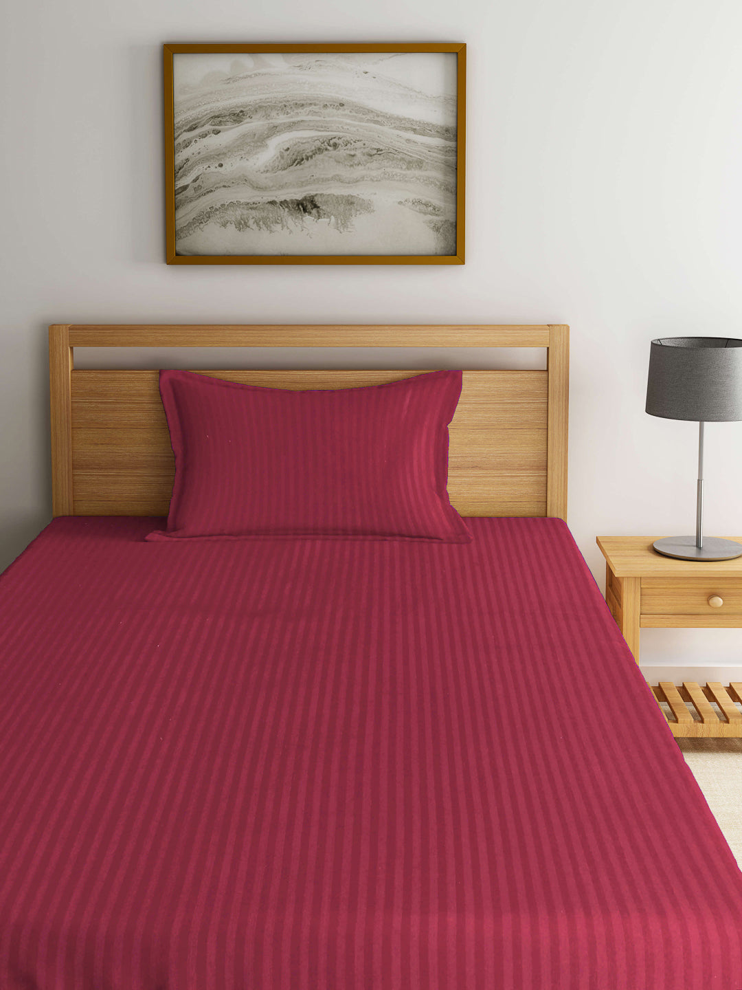 Arrabi Red Stripes TC Cotton Blend Single Size Fitted Bedsheet with 1 Pillow Cover (220 X 150 cm)