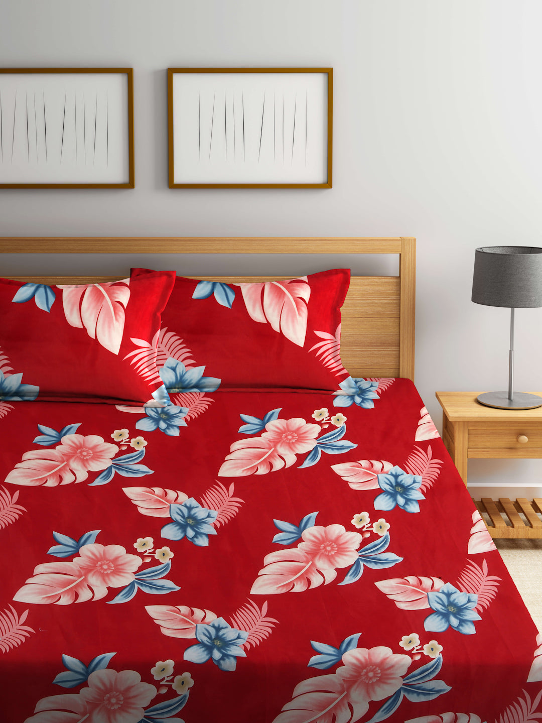 Arrabi Red Leaf TC Cotton Blend King Size Fitted Bedsheet with 2 Pillow Covers(250 X 215 Cm )