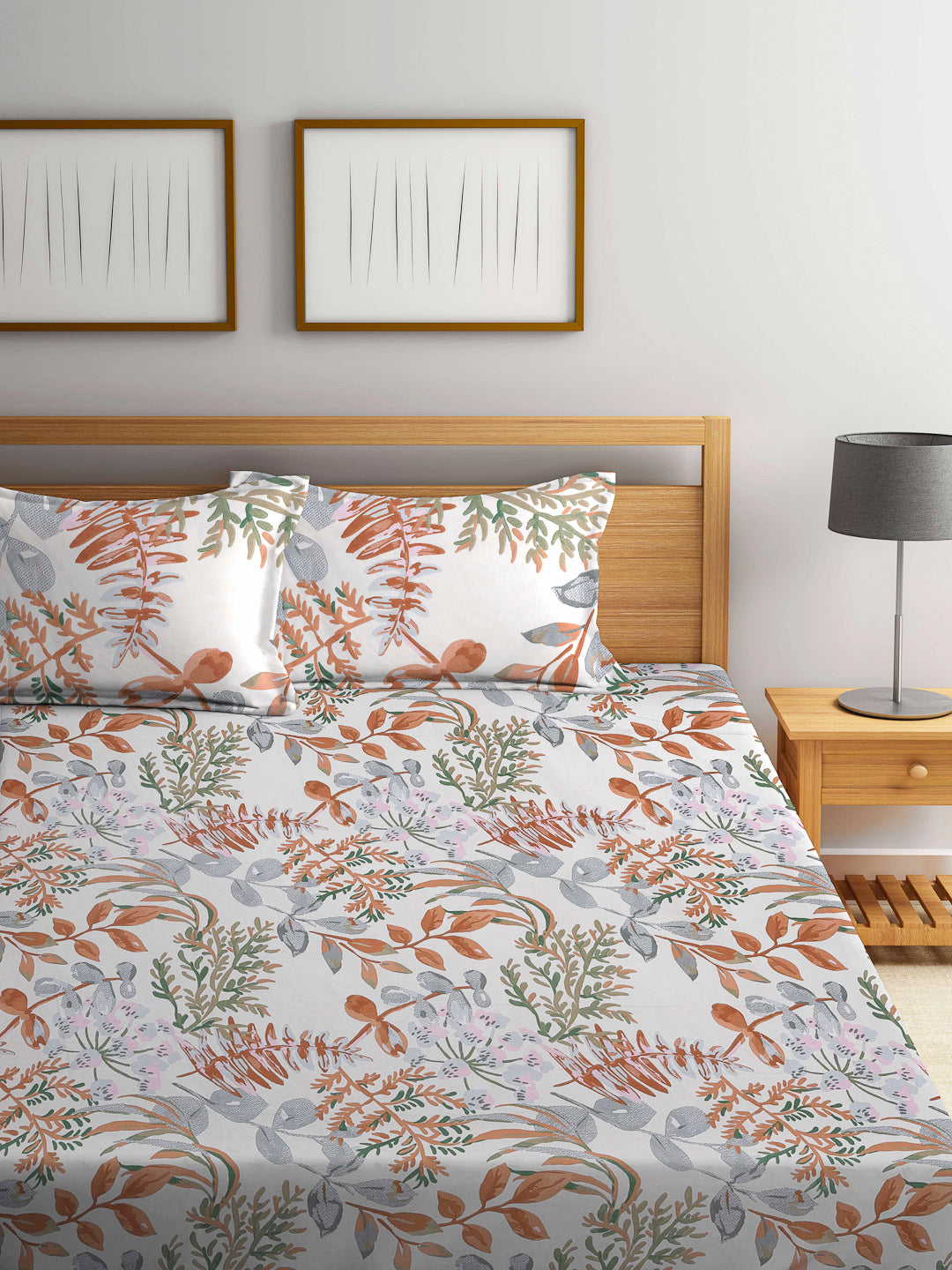 Arrabi Multi Leaf TC Cotton Blend Double Size Bedsheet with 2 Pillow Covers