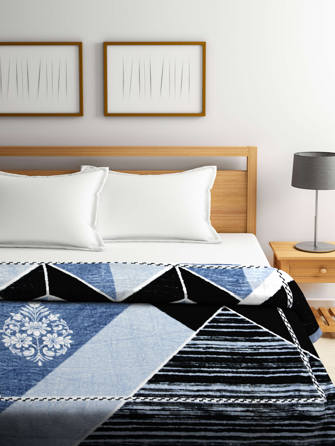 Arrabi Blue Geometric Wool Blend 950 GSM Full Size Double Bed Blanket (220 X 200 cm)