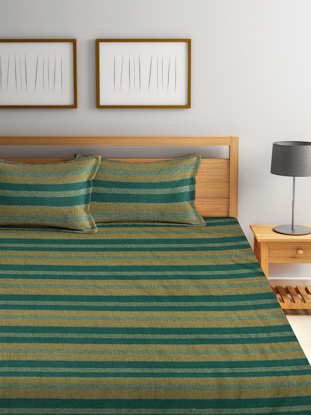 Arrabi Green Striped Handwoven Cotton Double King Size Bedsheet with 2 Pillow Covers (260 x 260 cm)