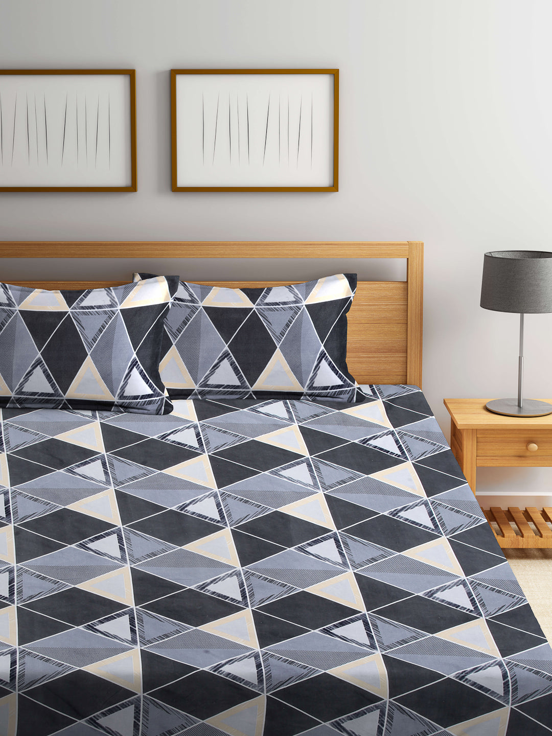 Arrabi Grey Geometric TC Cotton Blend King Size Fitted Bedsheet with 2 Pillow Covers (250 X 215 Cm )