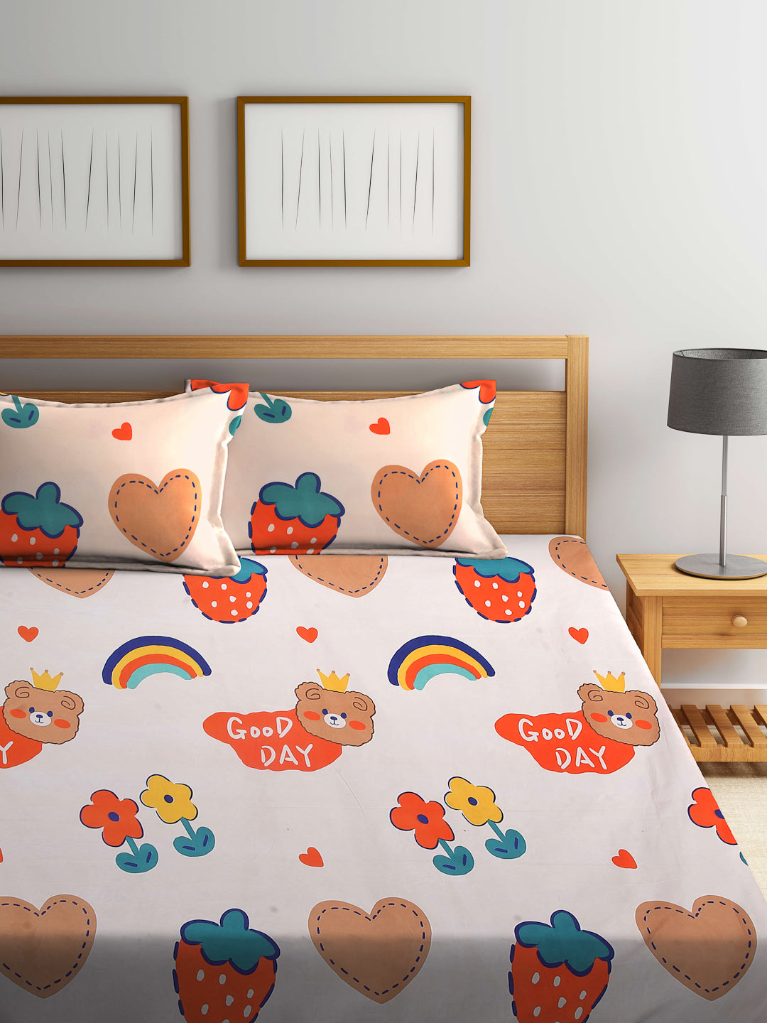 Arrabi Multi Cartoon TC Cotton Blend Double Size Bedsheet with 2 Pillow Covers (250 x 215 cm)
