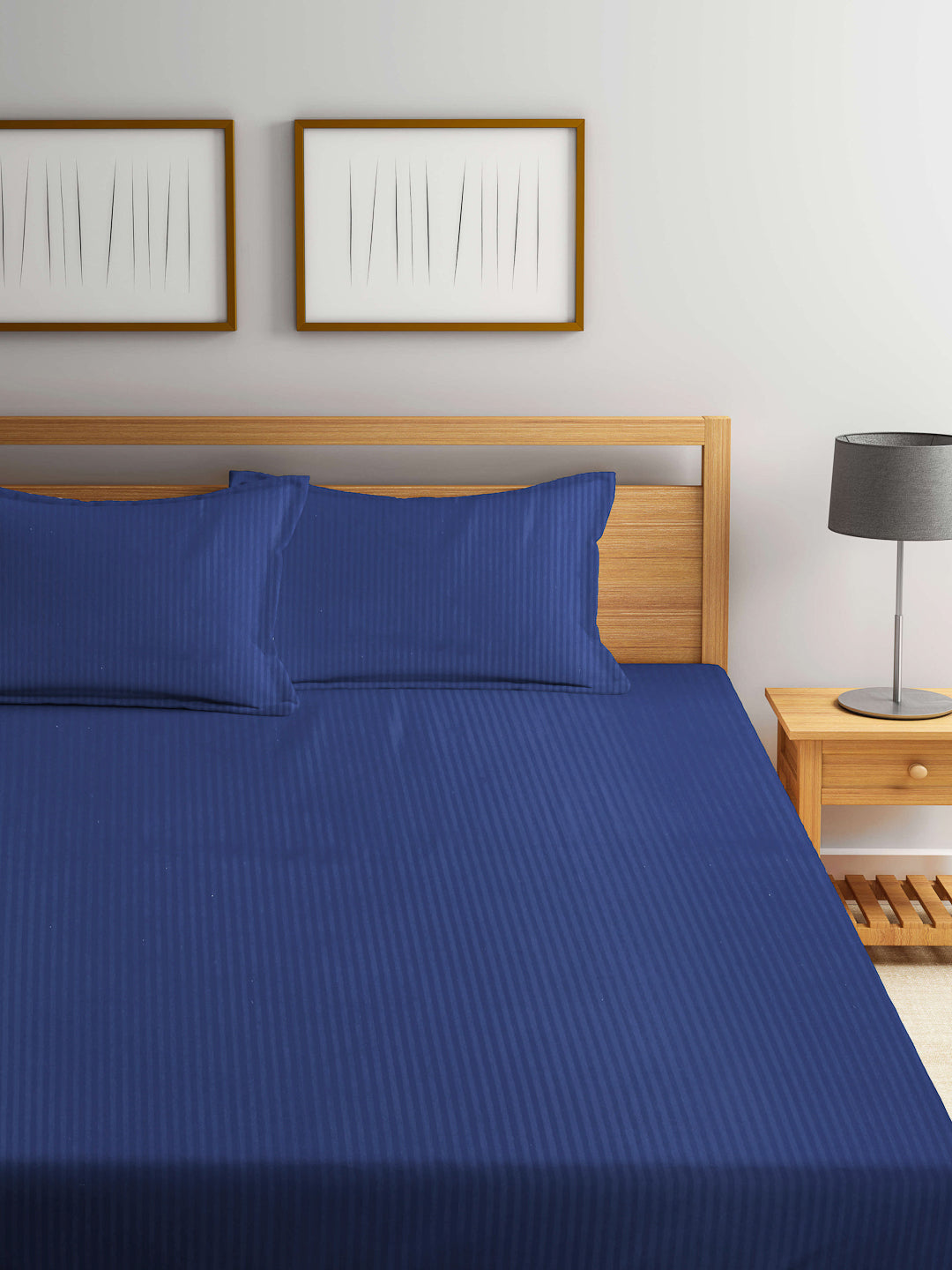 Arrabi Blue Stripes TC Cotton Blend Double Size Fitted Bedsheet with 2 Pillow Covers (250 X 220 cm)