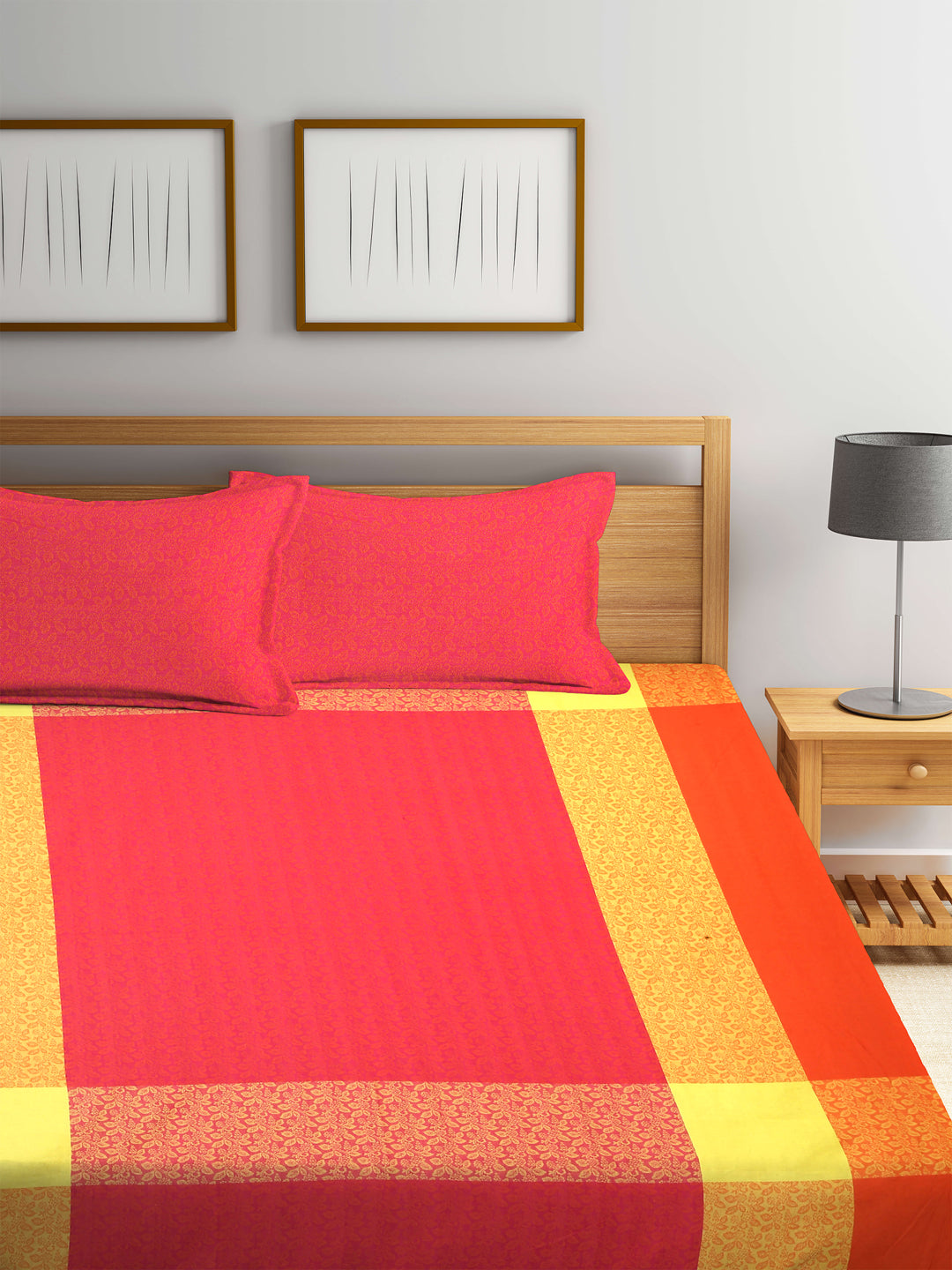 Arrabi Orange Blocks Handwoven Cotton Double Size Bedsheet with 2 Pillow Covers (260 x 230 cm)