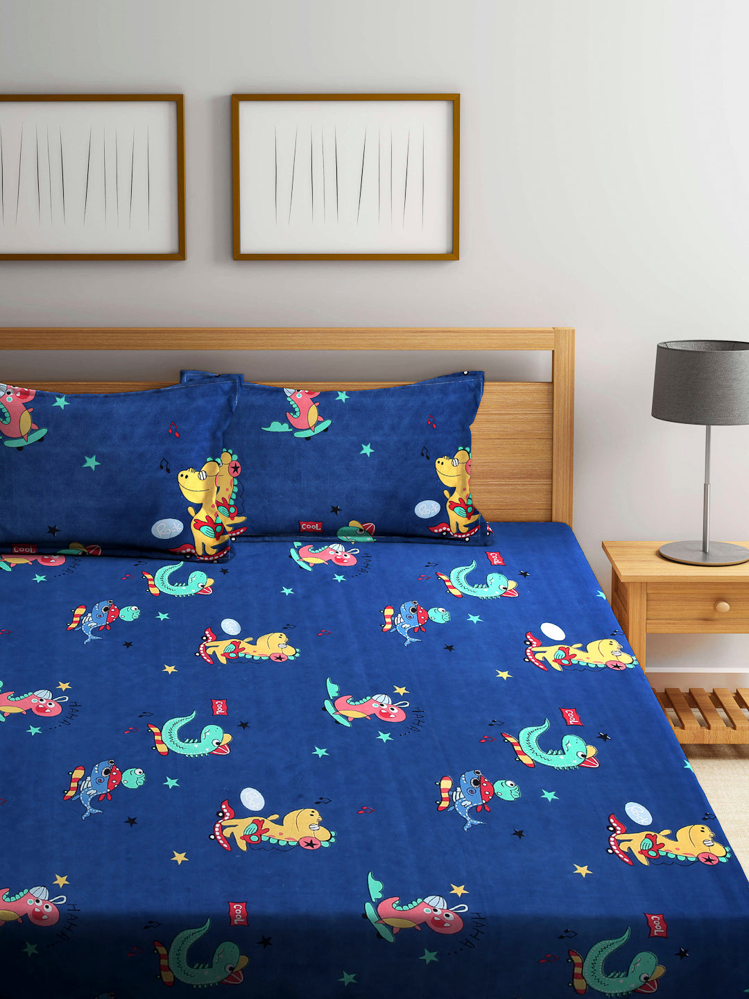 Arrabi Blue Cartoon TC Cotton Blend Double Size Bedsheet with 2 Pillow Cover