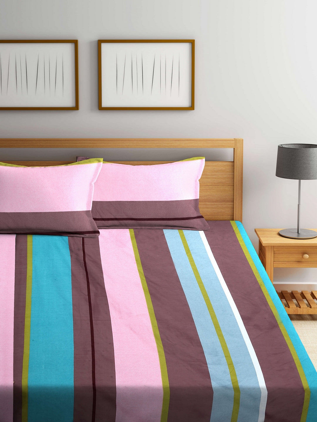 Arrabi Multi Stripes TC Cotton Blend Double Size Bedsheet with 2 Pillow Covers (250 X 220 Cm)