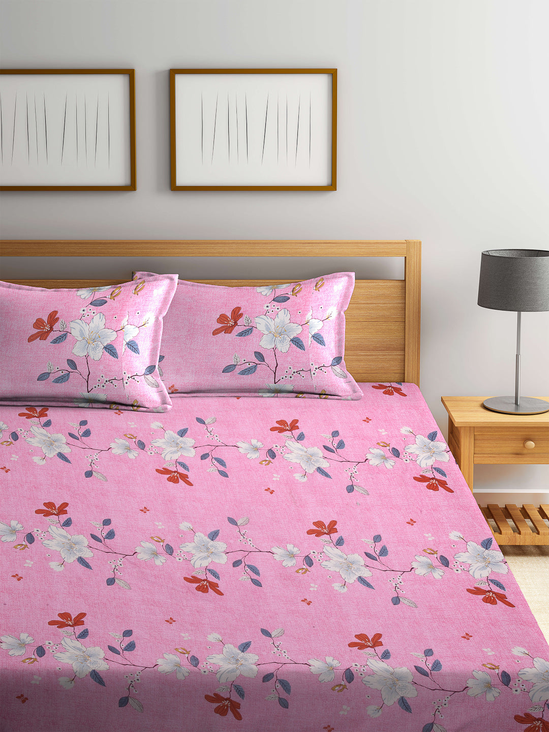 Arrabi Pink Floral TC Cotton Blend Double Size Fitted Bedsheet with 2 Pillow Cover ( 250 x 225 cm)
