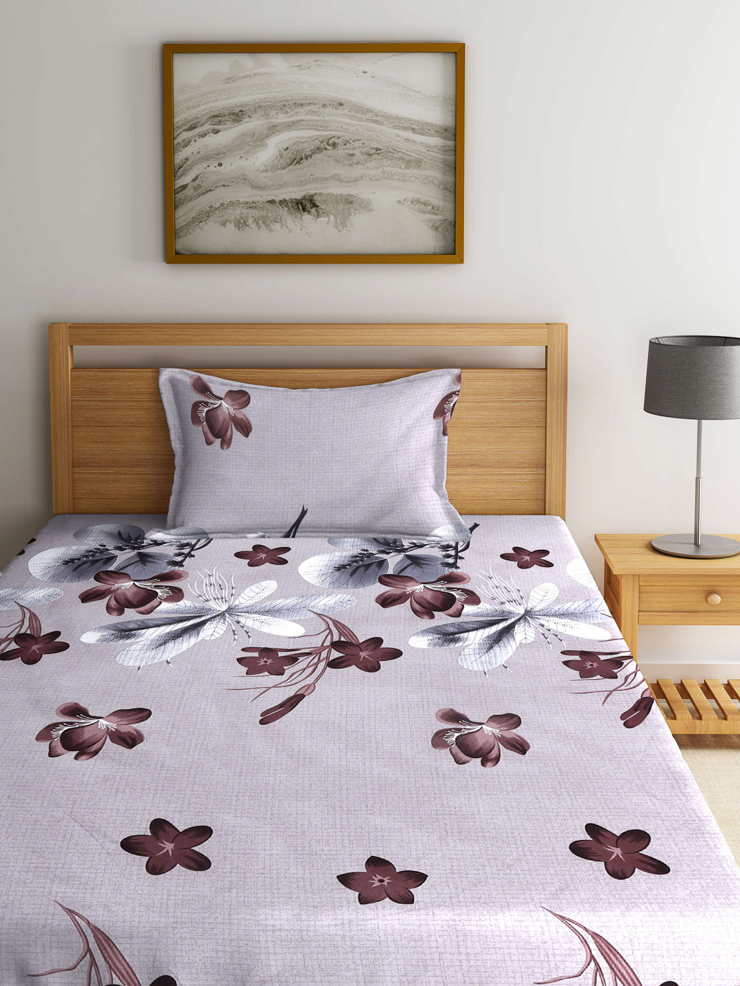Arrabi Brown Floral TC Cotton Blend Single Size Bedsheet with 1 Pillow Cover ( 220 X 150 cm)