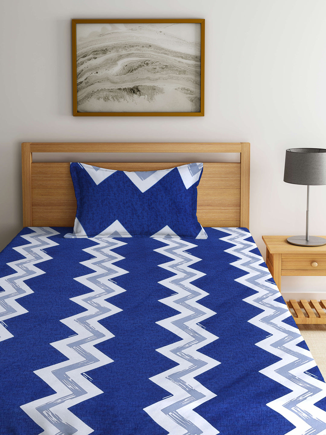 Arrabi Blue Graphic TC Cotton Blend Single Size Fitted Bedsheet with 1 Pillow Cover (220 X 150 cm)