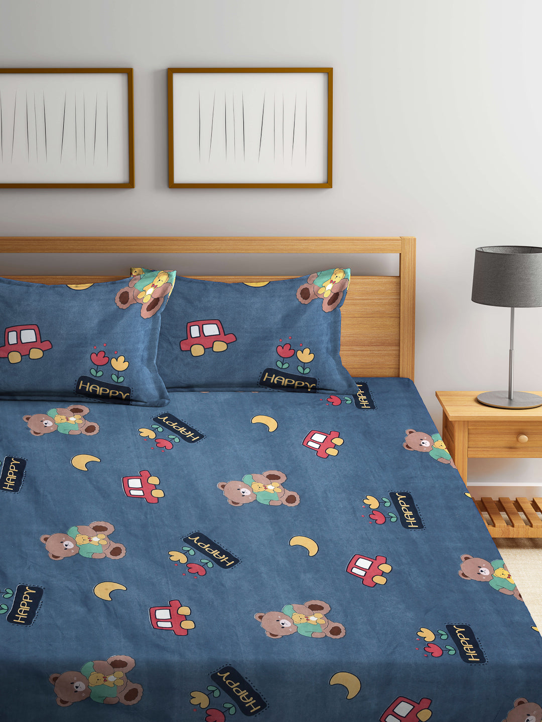 Arrabi Blue Cartoon TC Cotton Blend King Size Fitted Bedsheet with 2 Pillow Covers (250 X 220 Cm )