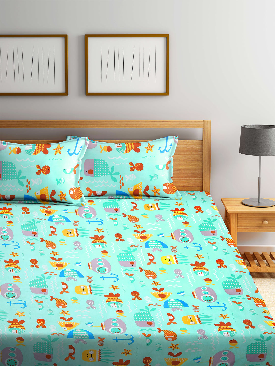 Arrabi Multi Fish Cotton Blend King Bedsheet with 2 Pillow Cover (250 x 220 cm)