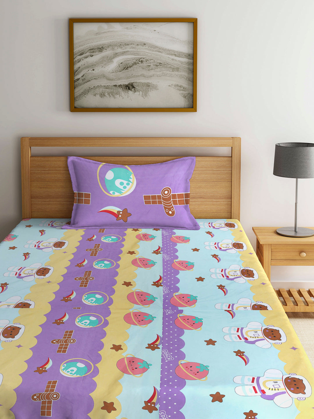 Arrabi Multi Cartoon TC Cotton Blend Single Size Fitted Bedsheet with 1 Pillow Cover (220 x 150cm)