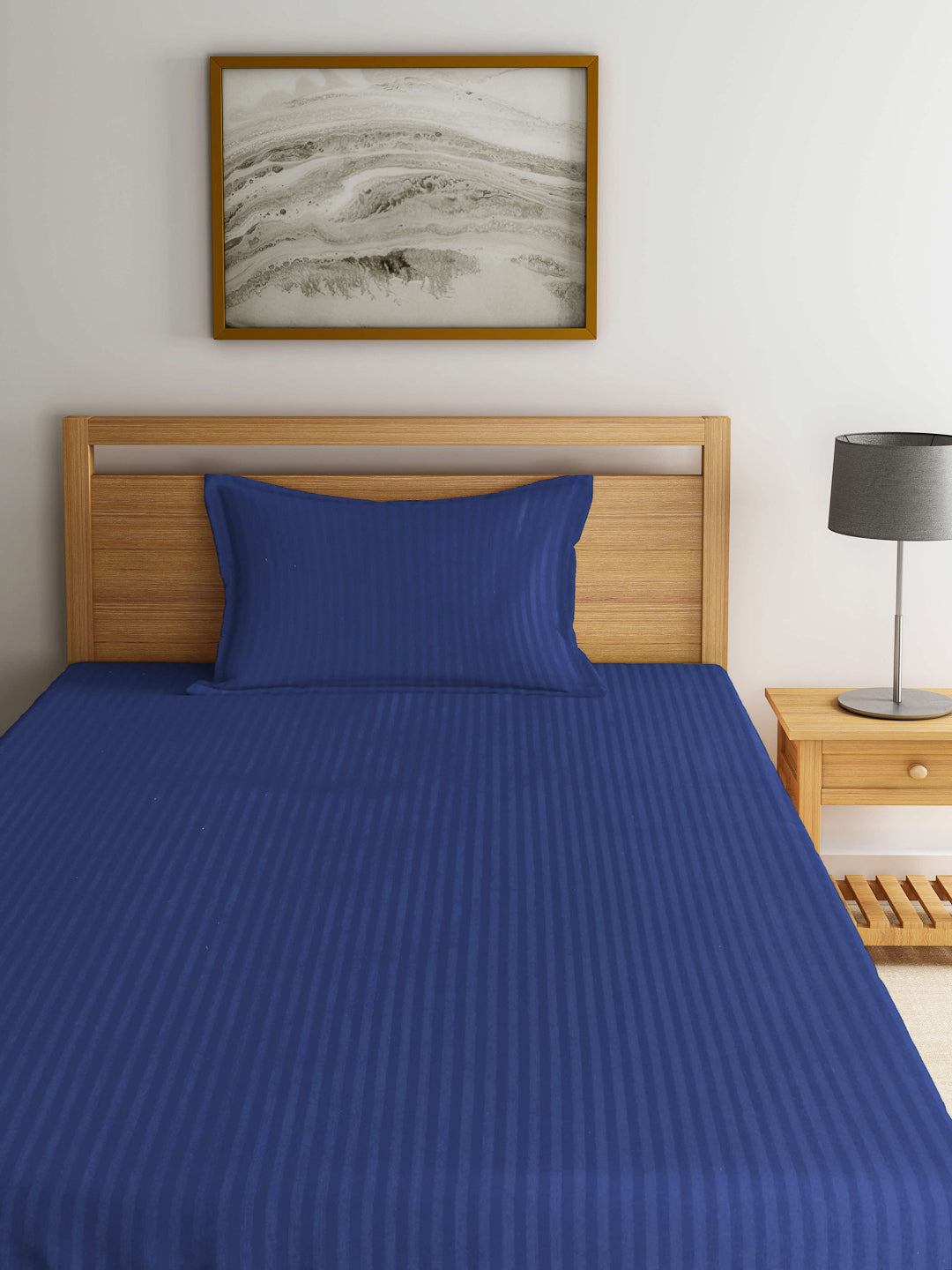Arrabi Blue Stripes TC Cotton Blend Single Size Fitted Bedsheet with 1 Pillow Cover (220 X 150 cm)