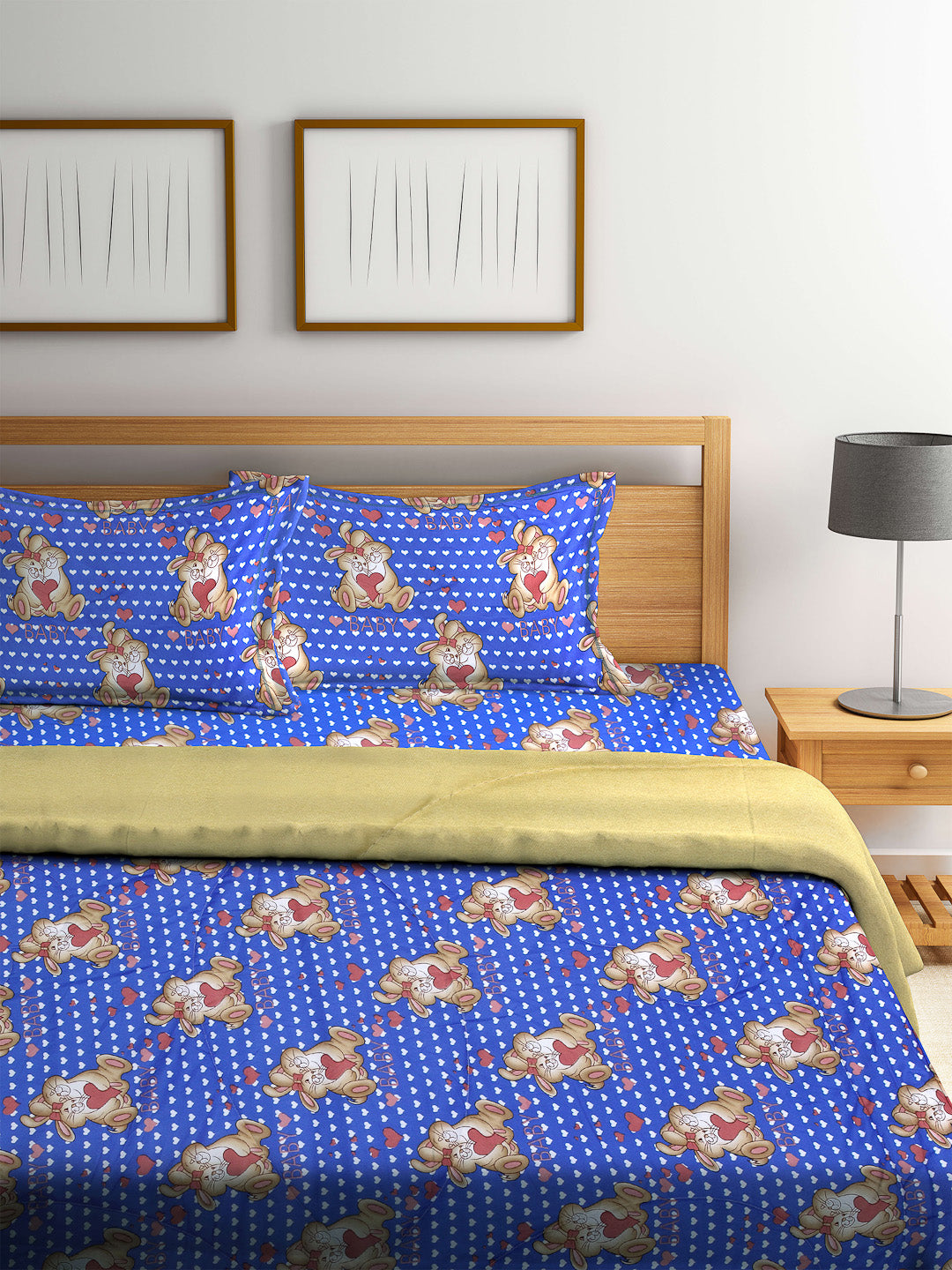 Arrabi Blue Cartoon Cotton Blend Double Size Comforter Bedding Set with 2 Pillow Cover (235 x 215 cm)