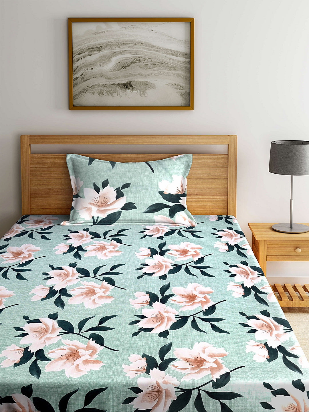 Arrabi Green Floral TC Polycotton Single Size Bedsheet with 1 Pillow Cover (225 x 150 cm)