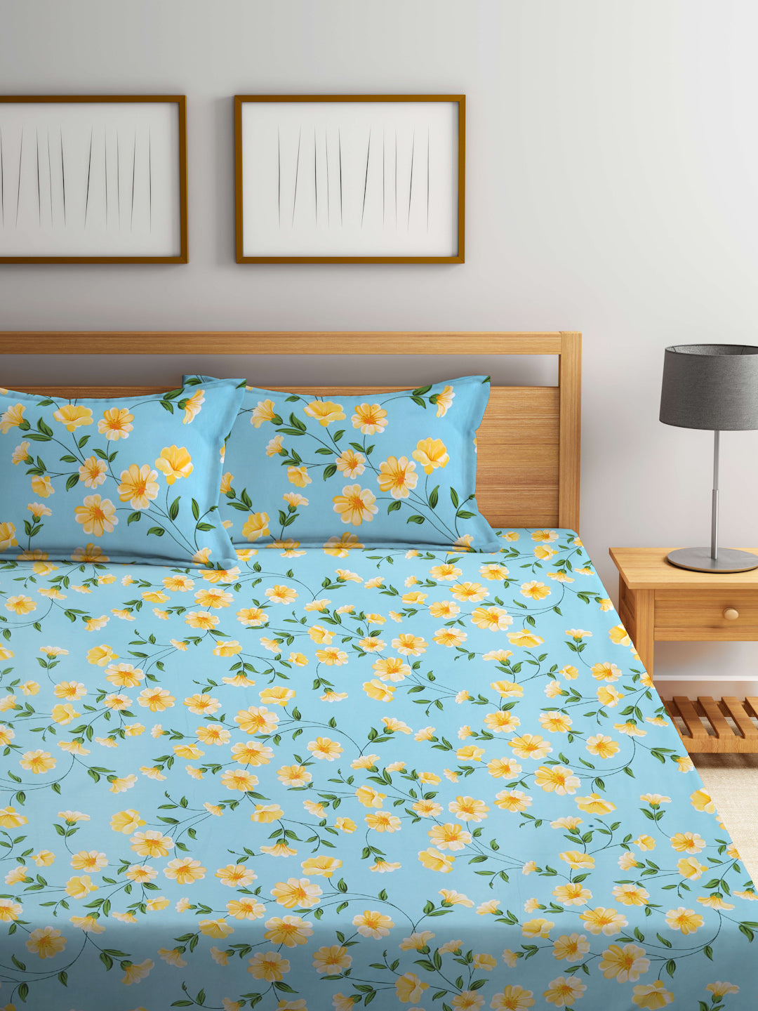 Arrabi Teal Floral TC Cotton Blend King Size Bedsheet with 2 Pillow Covers (250 X 215 cm)