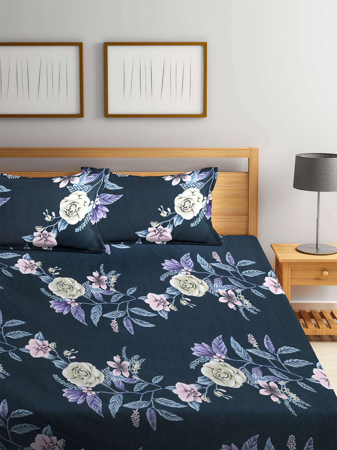 Arrabi Blue Floral TC Cotton Blend Double Size Fitted Bedsheet with 2 Pillow Cover ( 250 x 225 cm)
