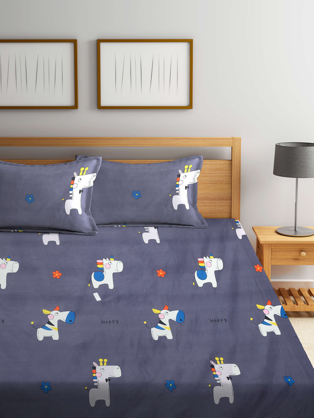 Arrabi Grey Cartoon TC Cotton Blend Double Size Bedsheet with 2 Pillow Covers (250 x 215 cm)