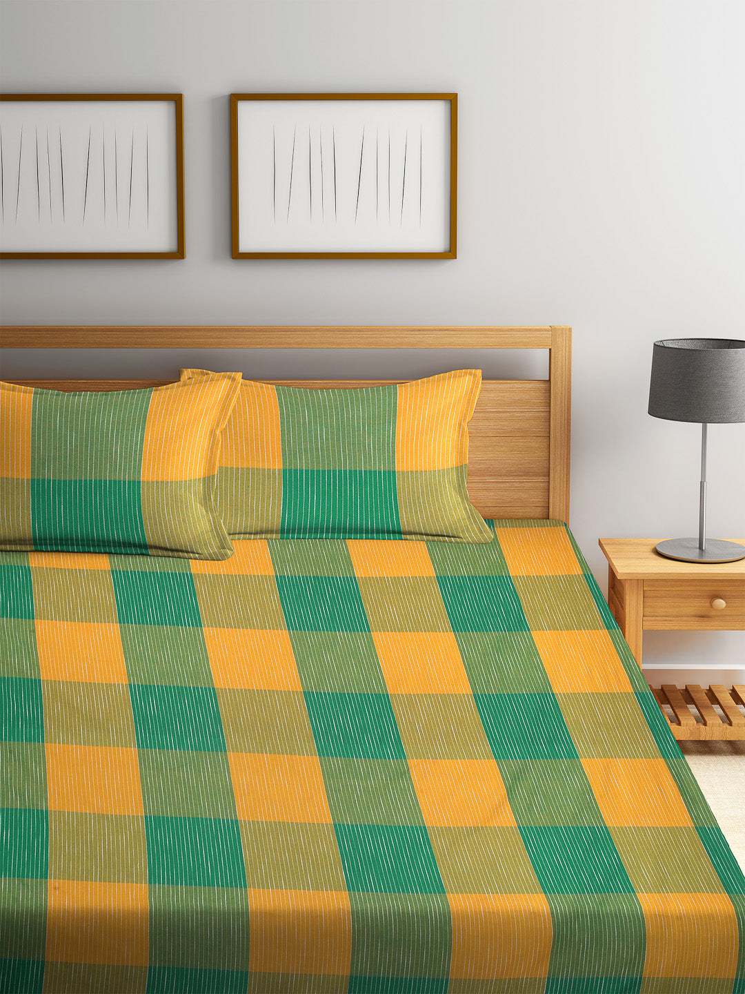 Arrabi Green & Yellow Check Handwoven Cotton Double King Size Bedsheet with 2 Pillow Covers (260 x 255 cm)