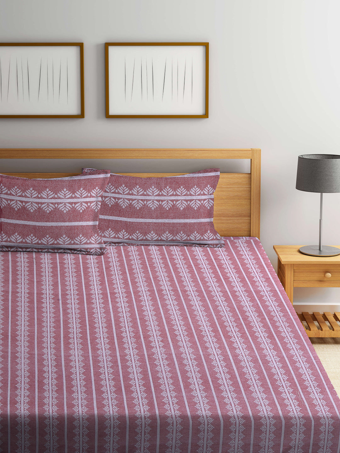 Arrabi Red Leaf Handwoven Cotton Super King Size Bedsheet with 2 Pillow Covers (270 X 270 cm)