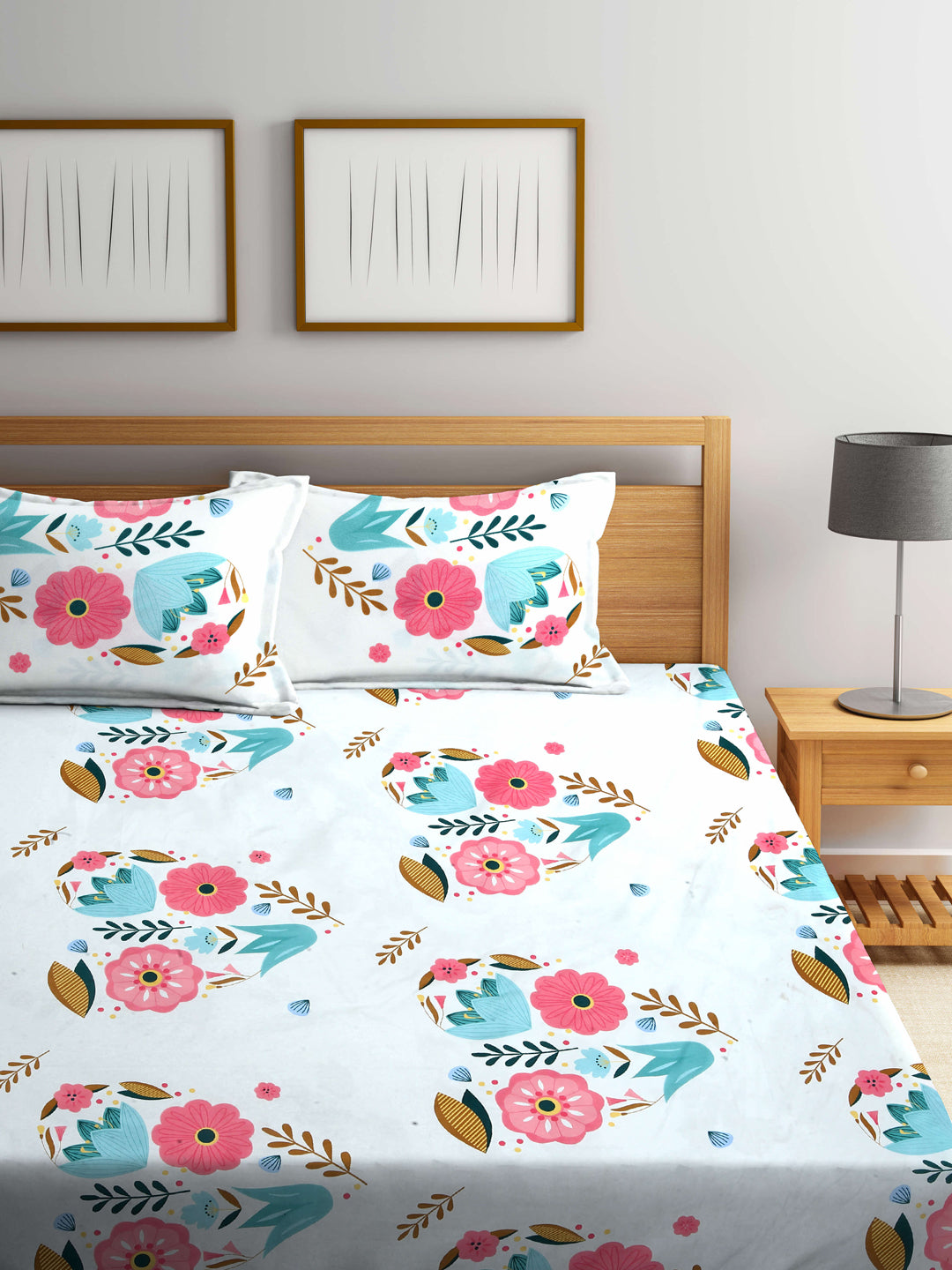 Arrabi Multi Floral TC Cotton Blend Double Size Bedsheet with 2 Pillow Covers (250 X 220 Cm)