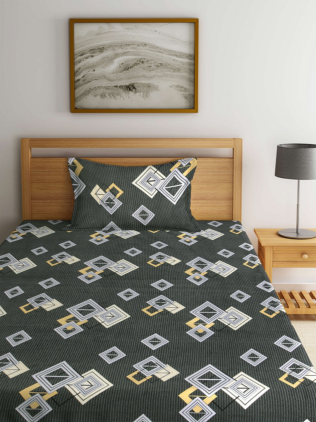 Arrabi Grey Geometric TC Polycotton Single Size Bedsheet with 1 Pillow Cover (225 x 150 cm)
