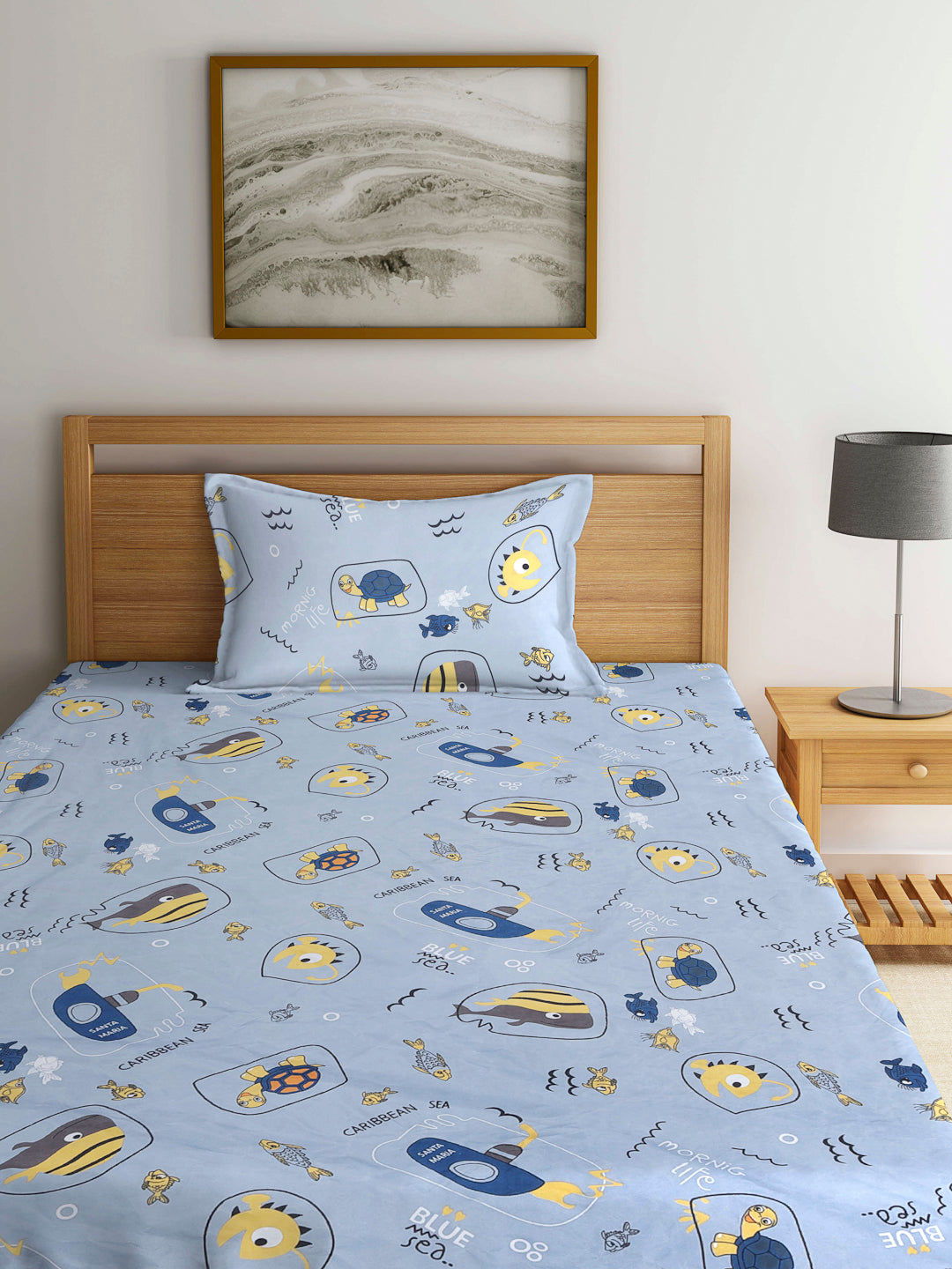 Arrabi Grey Cartoon TC Cotton Blend Single Size Bedsheet with 1 Pillow Cover (220 X 150 cm)