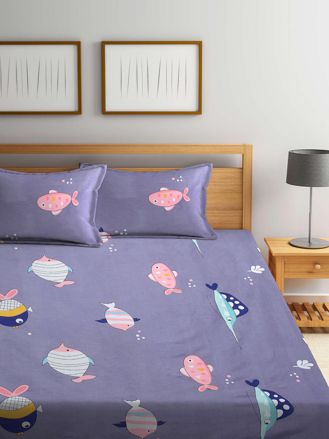 Arrabi Grey Cartoon TC Cotton Blend Double Size Bedsheet with 2 Pillow Covers (250 x 215 cm)