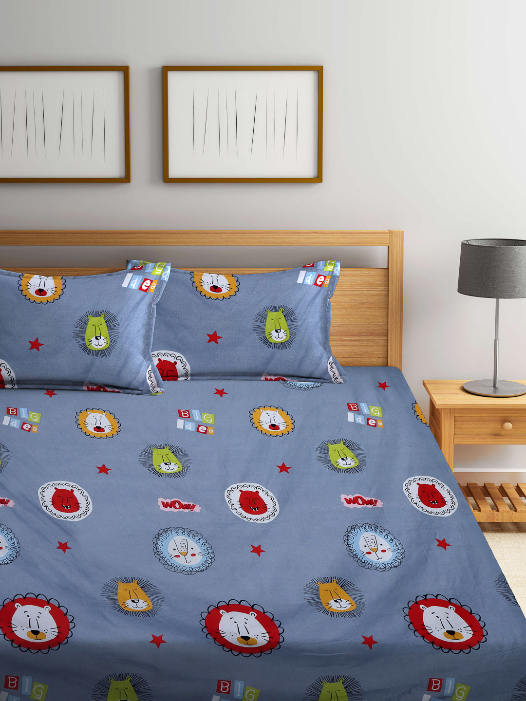 Arrabi Grey Cartoon TC Cotton Blend King Size Bedsheet with 2 Pillow Covers (250 X 215 cm)