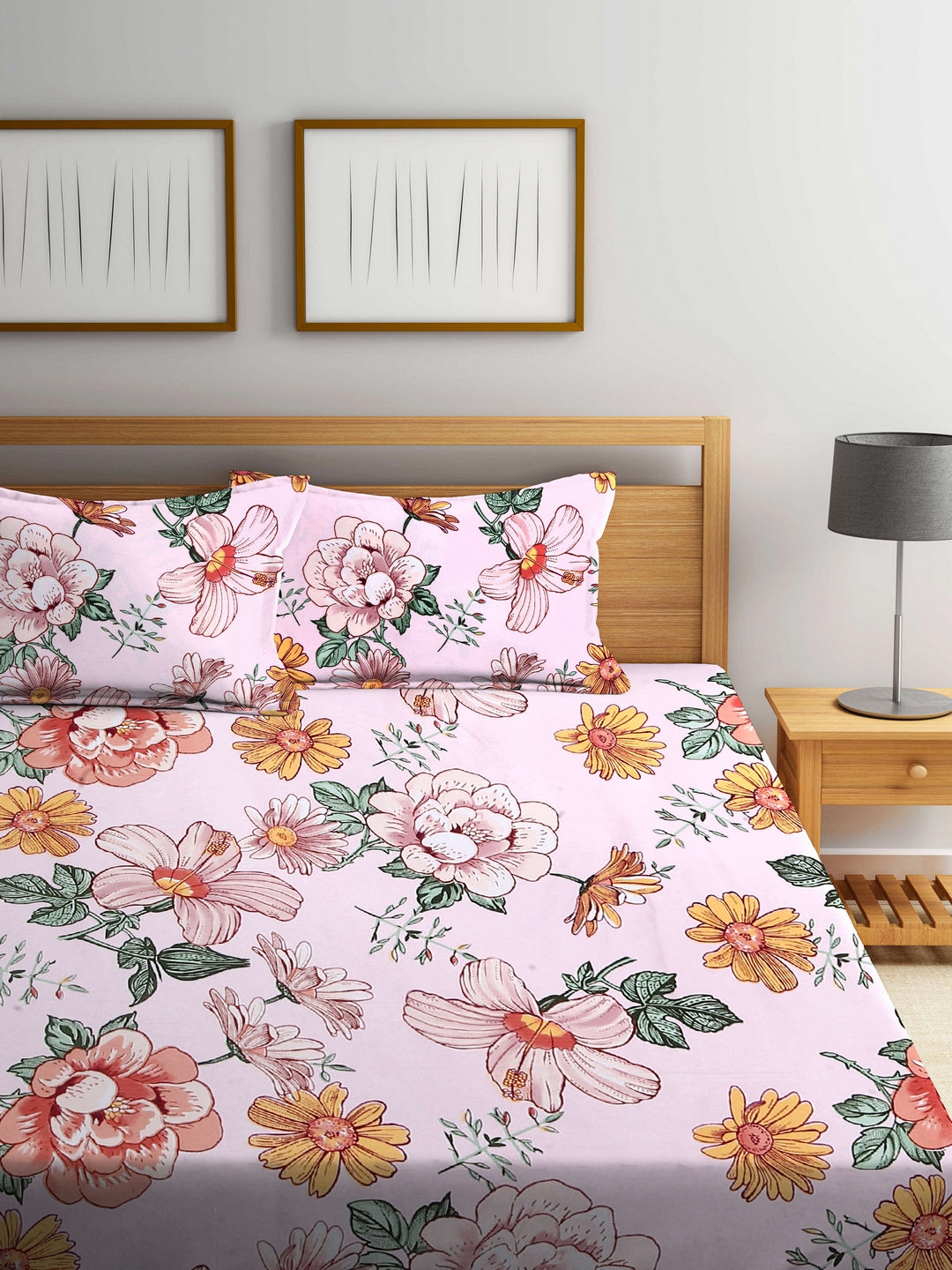 Arrabi Pink Floral TC Cotton Blend Double Size Bedsheet with 2 Pillow Covers (250 X 220 Cm)