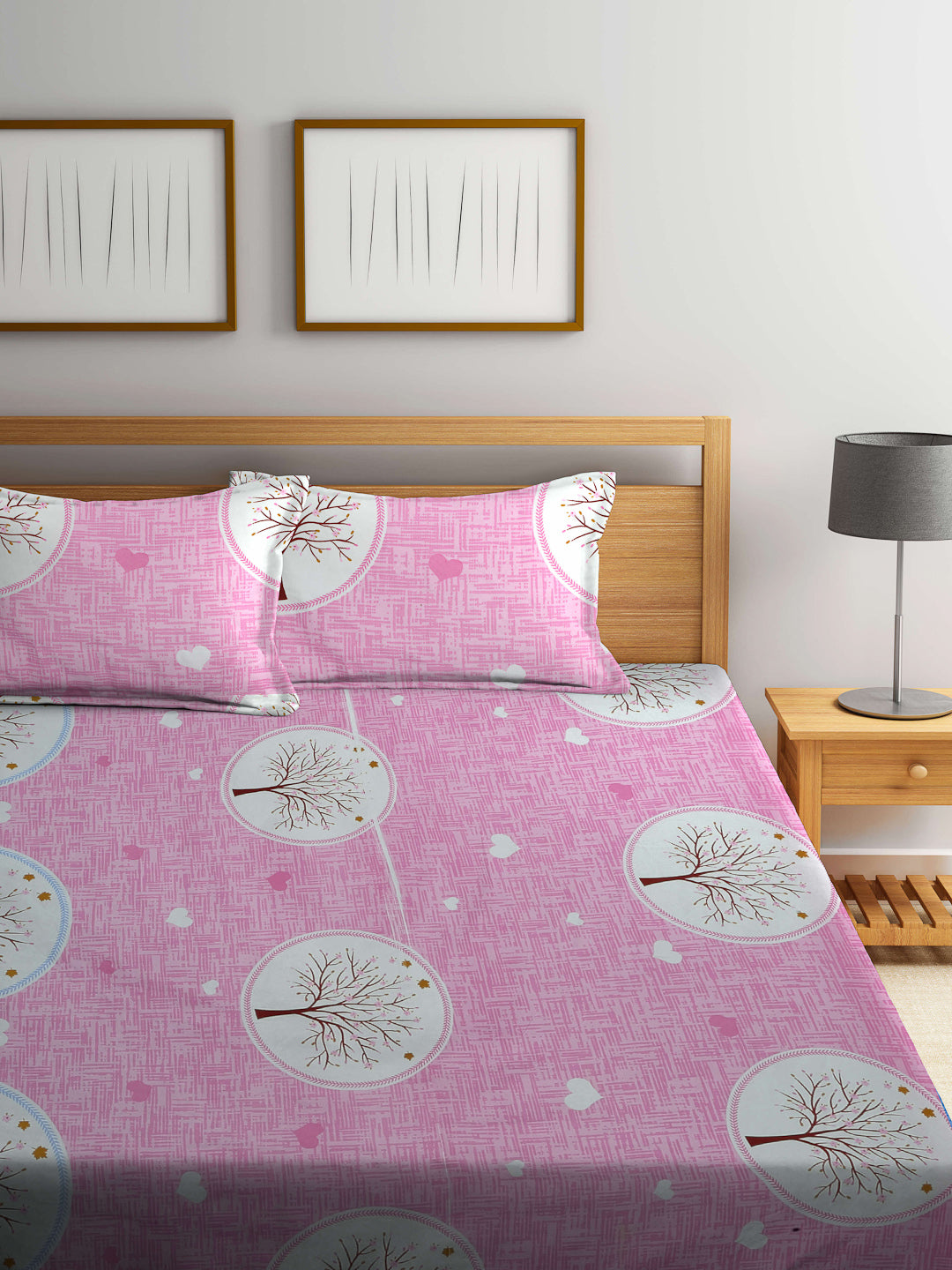 Arrabi Pink Graphic TC Cotton Blend Double King Size Bedsheet with 2 Pillow Covers (270 x 260 cm)