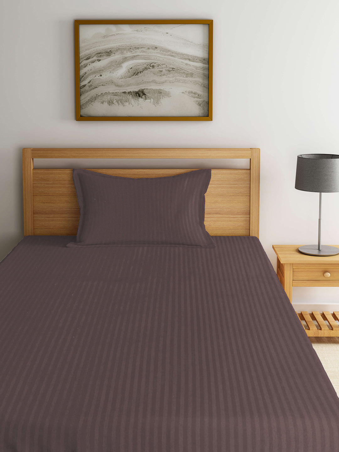 Arrabi Brown Stripes TC Cotton Blend Single Size Fitted Bedsheet with 1 Pillow Cover (220 X 150 cm)