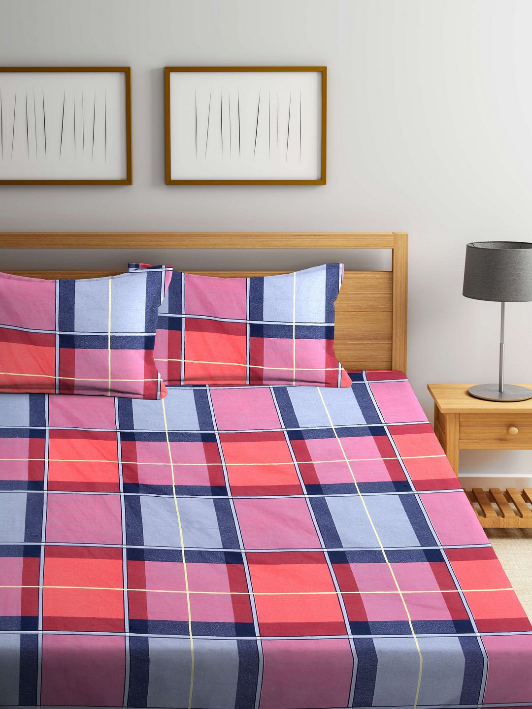 Arrabi Multi Check TC Cotton Blend Double Size Bedsheet with 2 Pillow Covers (250 X 220 Cm)