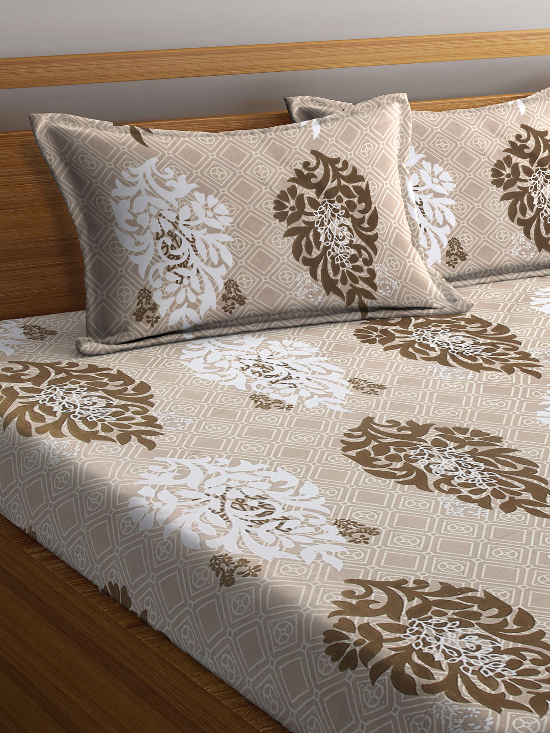 Arrabi Brown Indian TC Cotton Blend Double Size Bedsheet with 2 Pillow Covers (250 x 215 cm)