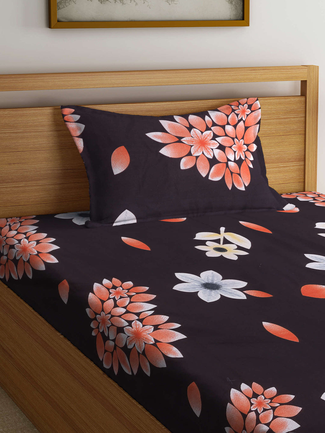 Arrabi Brown Floral TC Cotton Blend Single Size Bedsheet with 1 Pillow Cover (220 X 150 cm)