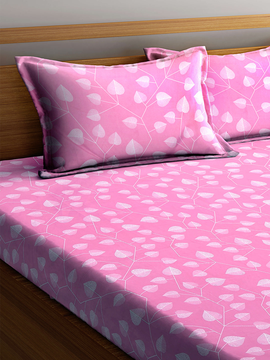 Arrabi Pink Leaf TC Cotton Blend Double Size Fitted Bedsheet with 2 Pillow Covers (250 X 220 cm)