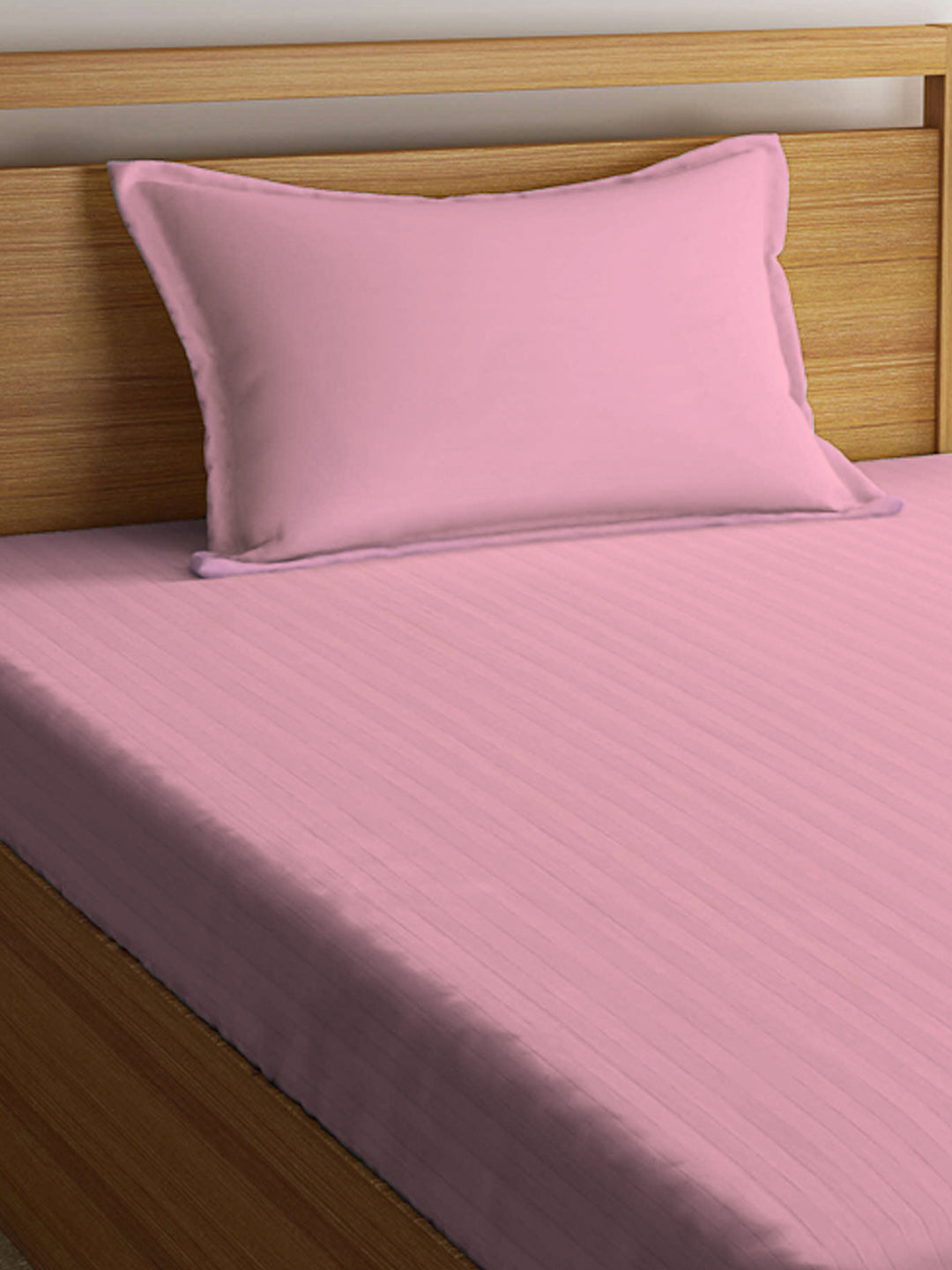 Arrabi Pink Stripes TC Cotton Blend Single Size Fitted Bedsheet with 1 Pillow Cover (220 X 150 cm)