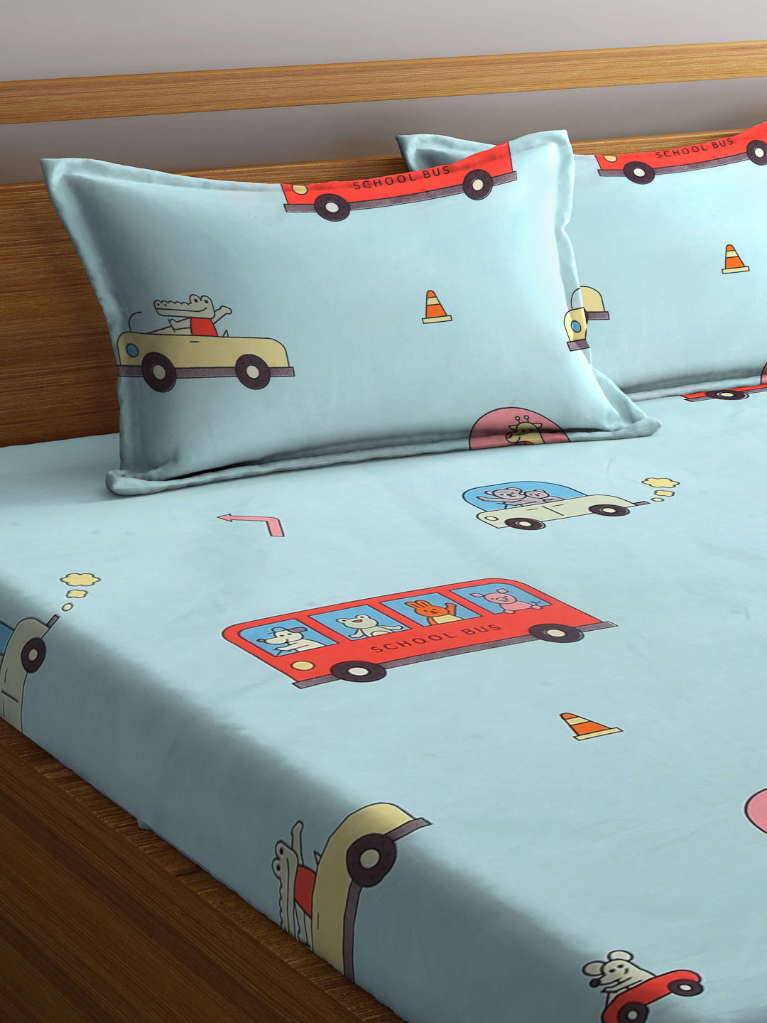 Arrabi Blue Cartoon TC Cotton Blend King Size Fitted Bedsheet with 2 Pillow Covers (250 X 215 Cm )