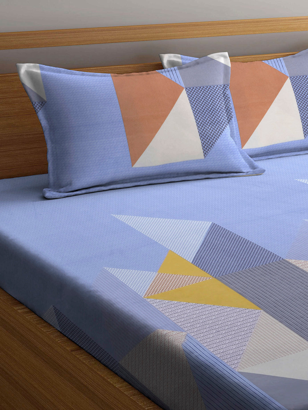 Arrabi Blue Geometric TC Cotton Blend Double King Size Bedsheet with 2 Pillow Covers (270 x 260 cm)