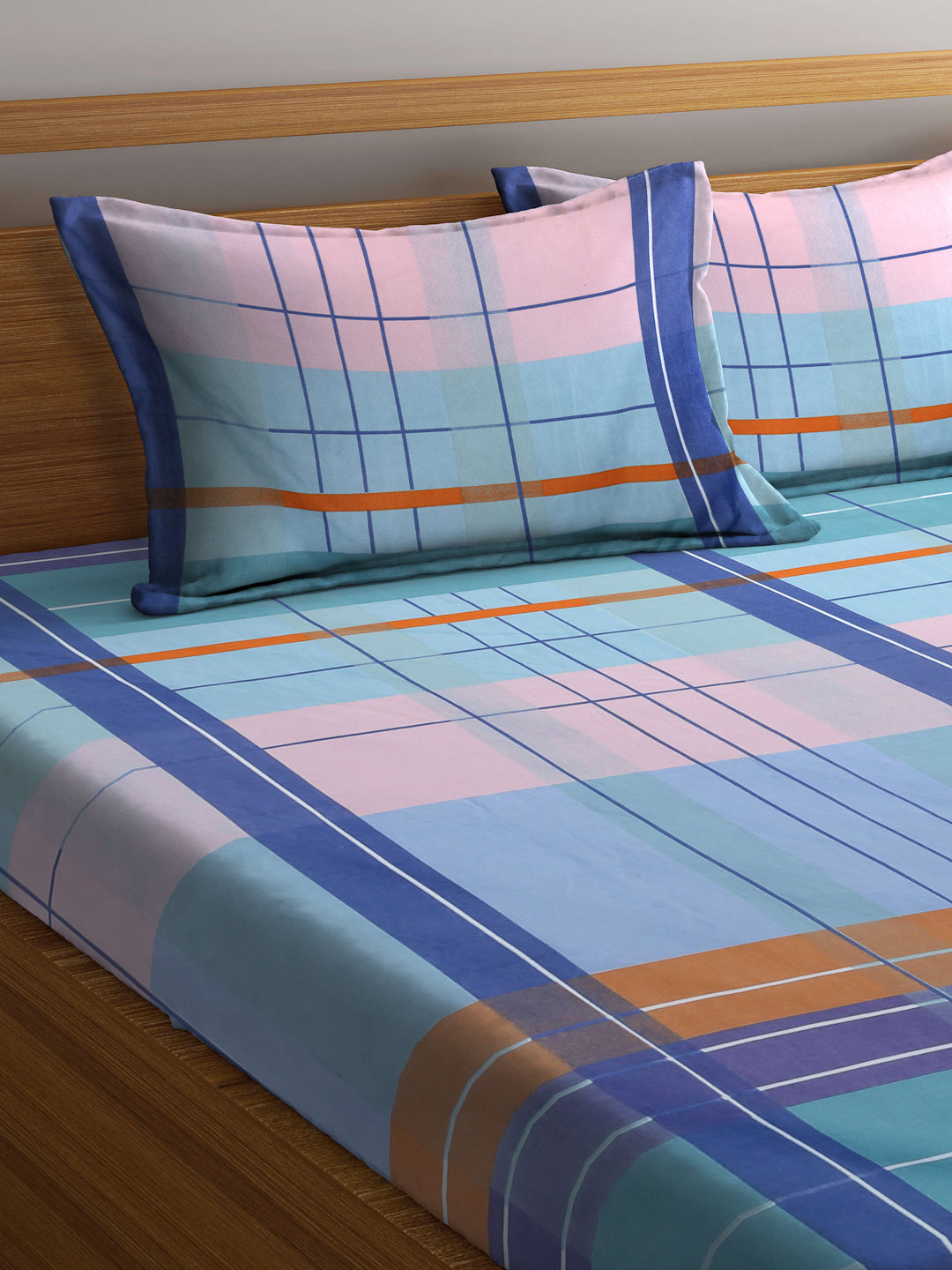 Arrabi Multi Checks TC Cotton Blend King Size Bedsheet with 2 Pillow Covers (250 X 215 cm)