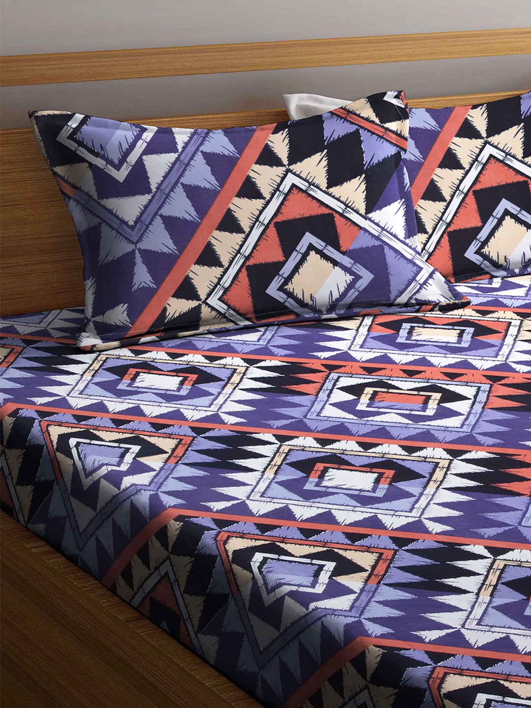 Arrabi Multi Geometric TC Cotton Blend Double Size Bedsheet with 2 Pillow Cover