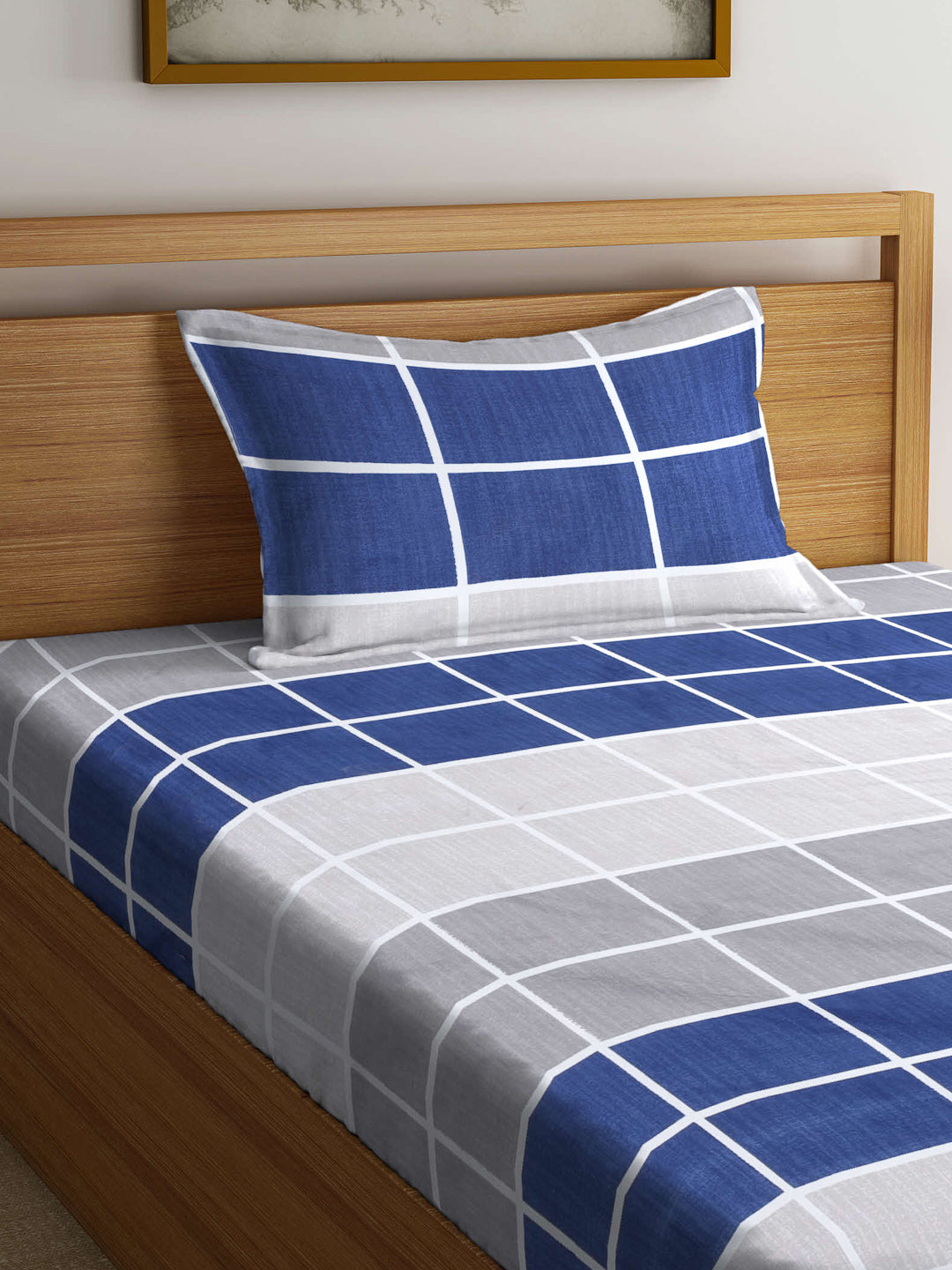 Arrabi Blue Checks TC Cotton Blend Single Size Bedsheet with 1 Pillow Cover ( 220 X 150 cm)