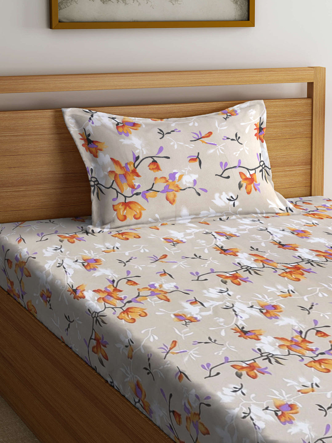 Arrabi Beige Floral TC Cotton Blend Single Size Fitted Bedsheet with 1 Pillow Cover (220 X 150 cm)