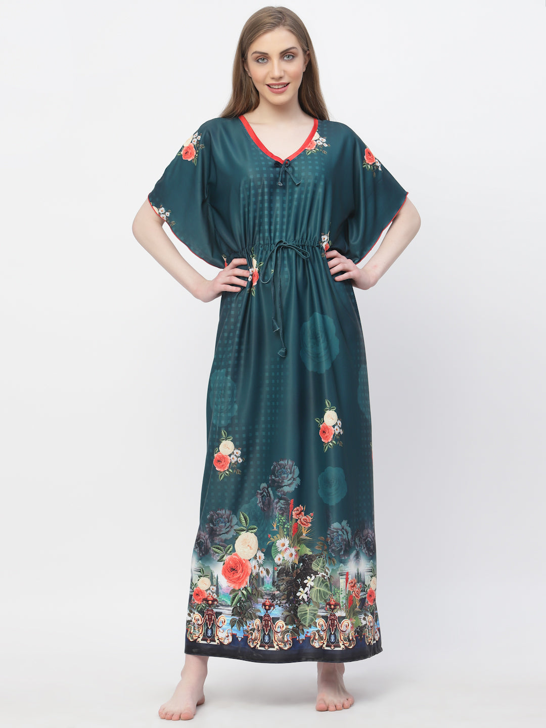 Arrabi Women Green Floral Kaftan Dress
