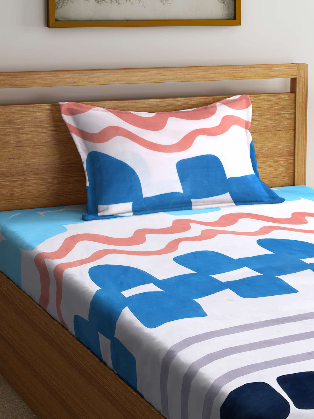 Arrabi Multi Abstract TC Cotton Blend Single Size Fitted Bedsheet with 1 Pillow Cover (220 X 150 cm)
