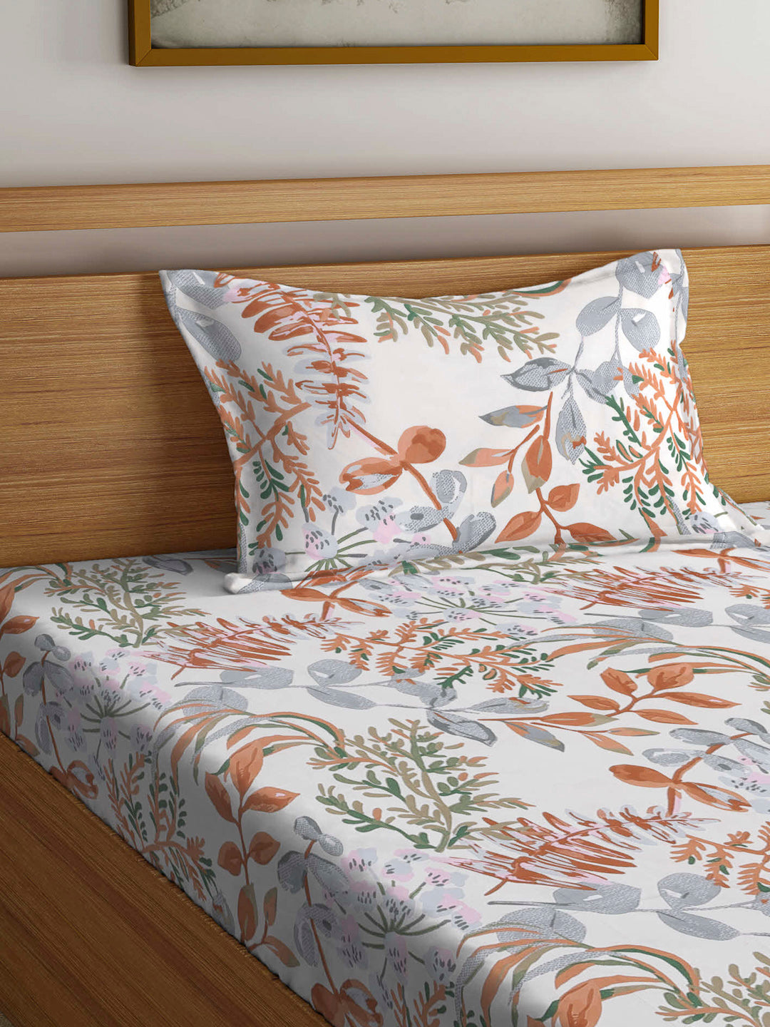 Arrabi Multi Leaf TC Cotton Blend Single Size Bedsheet with 1 Pillow Cover (220 X 150 cm)