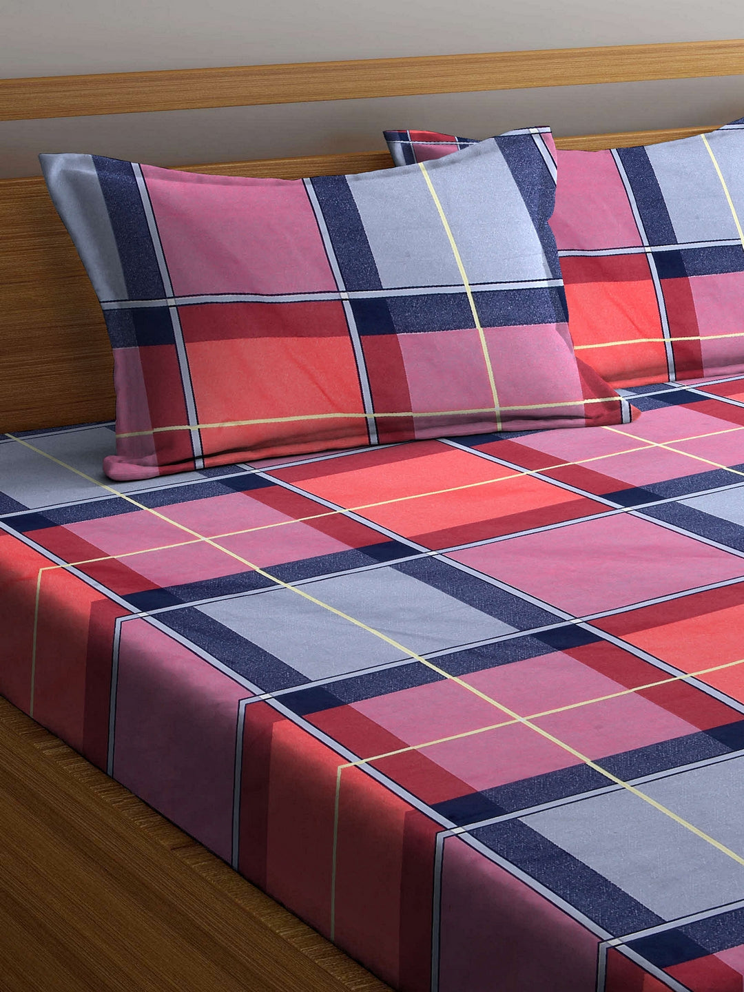 Arrabi Multi Check TC Cotton Blend Double Size Bedsheet with 2 Pillow Covers (250 X 220 Cm)