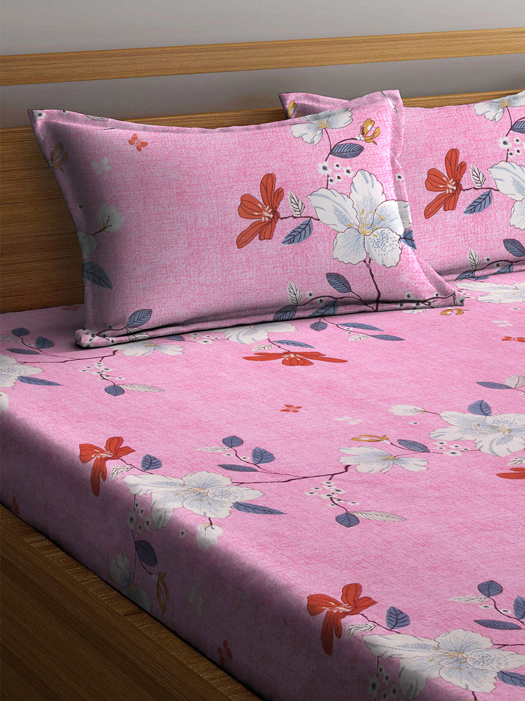 Arrabi Pink Floral TC Cotton Blend Double Size Fitted Bedsheet with 2 Pillow Cover ( 250 x 225 cm)