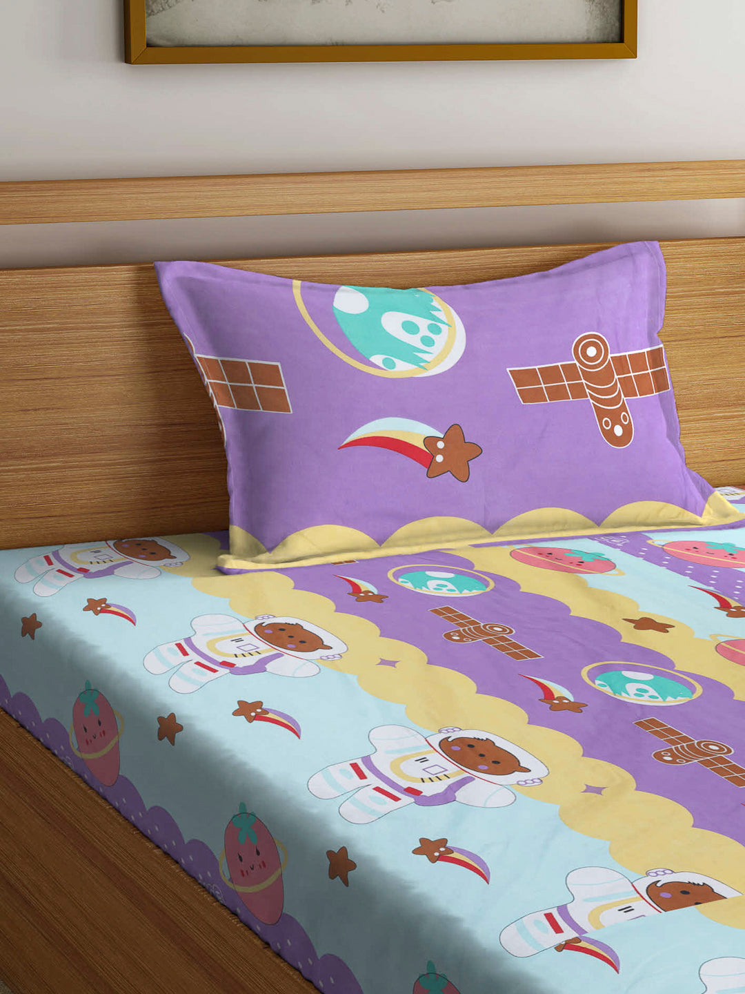 Arrabi Multi Cartoon TC Cotton Blend Single Size Fitted Bedsheet with 1 Pillow Cover (220 x 150cm)